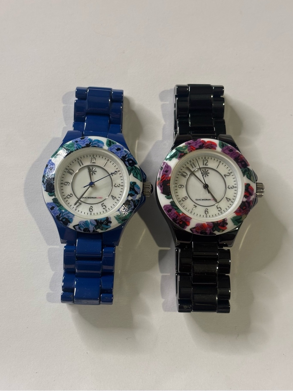 Isaac Mizrahi Live Set of 2 Floral Bezel Ceramic Link Watches Lot